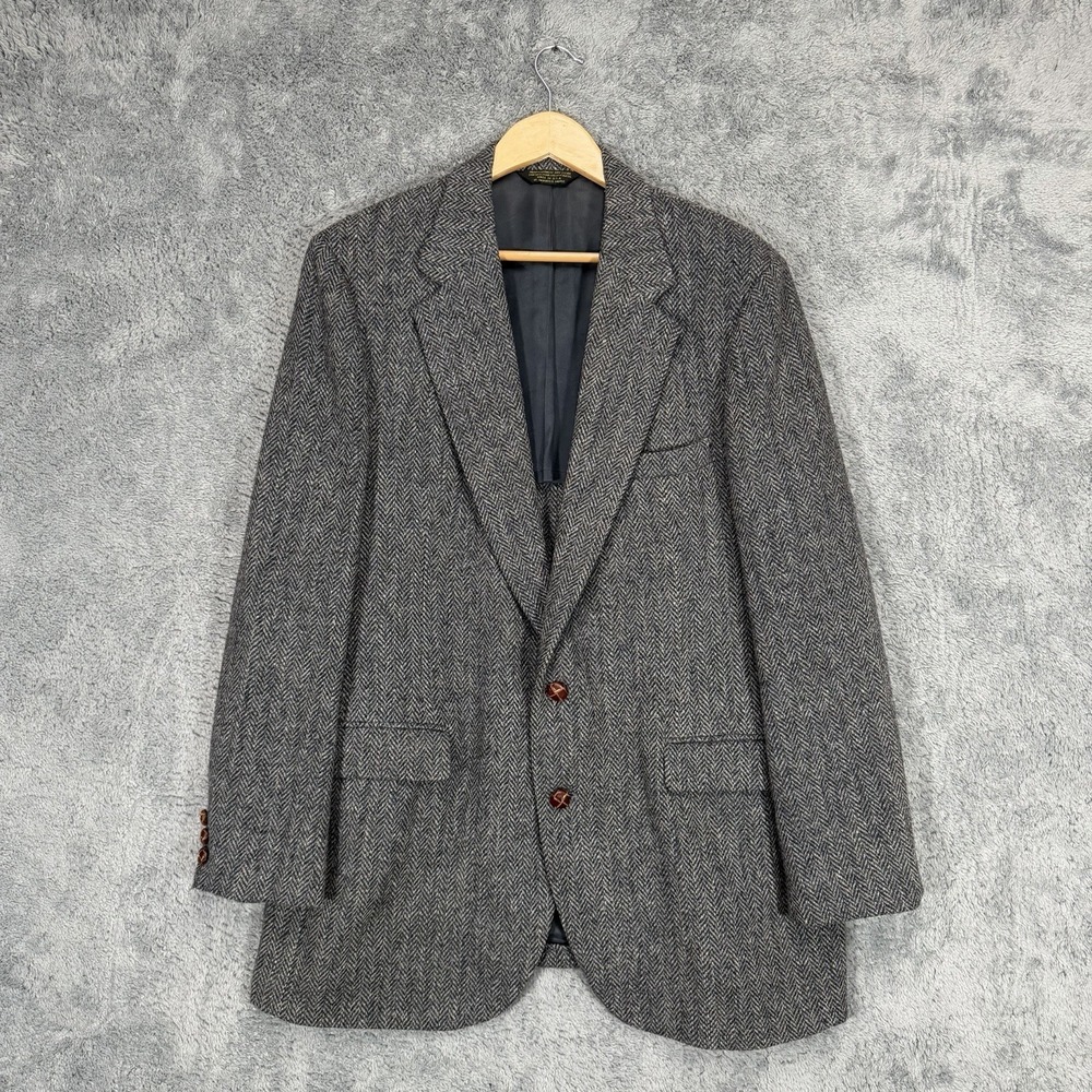 Harris Tweed Blazer Mens 42L Gray Scottish Wool Herringbone‎ Jacket Sport Coat